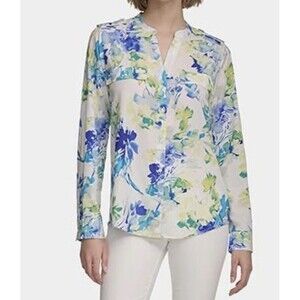 NWT Calvin Klein Blue Floral‎ Button Front Roll Tab Sleeve Summer Blouse Sz 2X